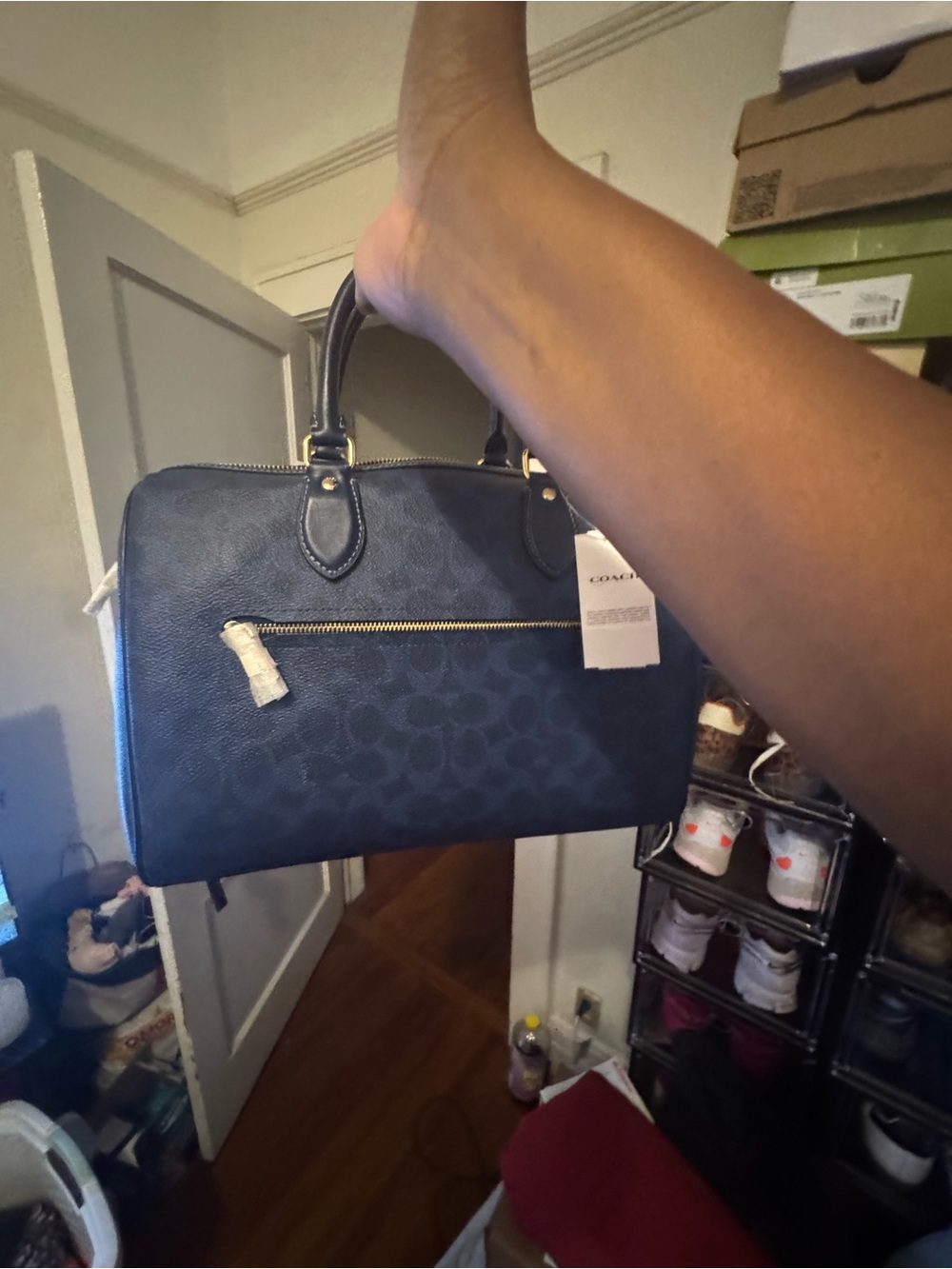 Coach Navy Signature Dome Satchel with Gold Hardware